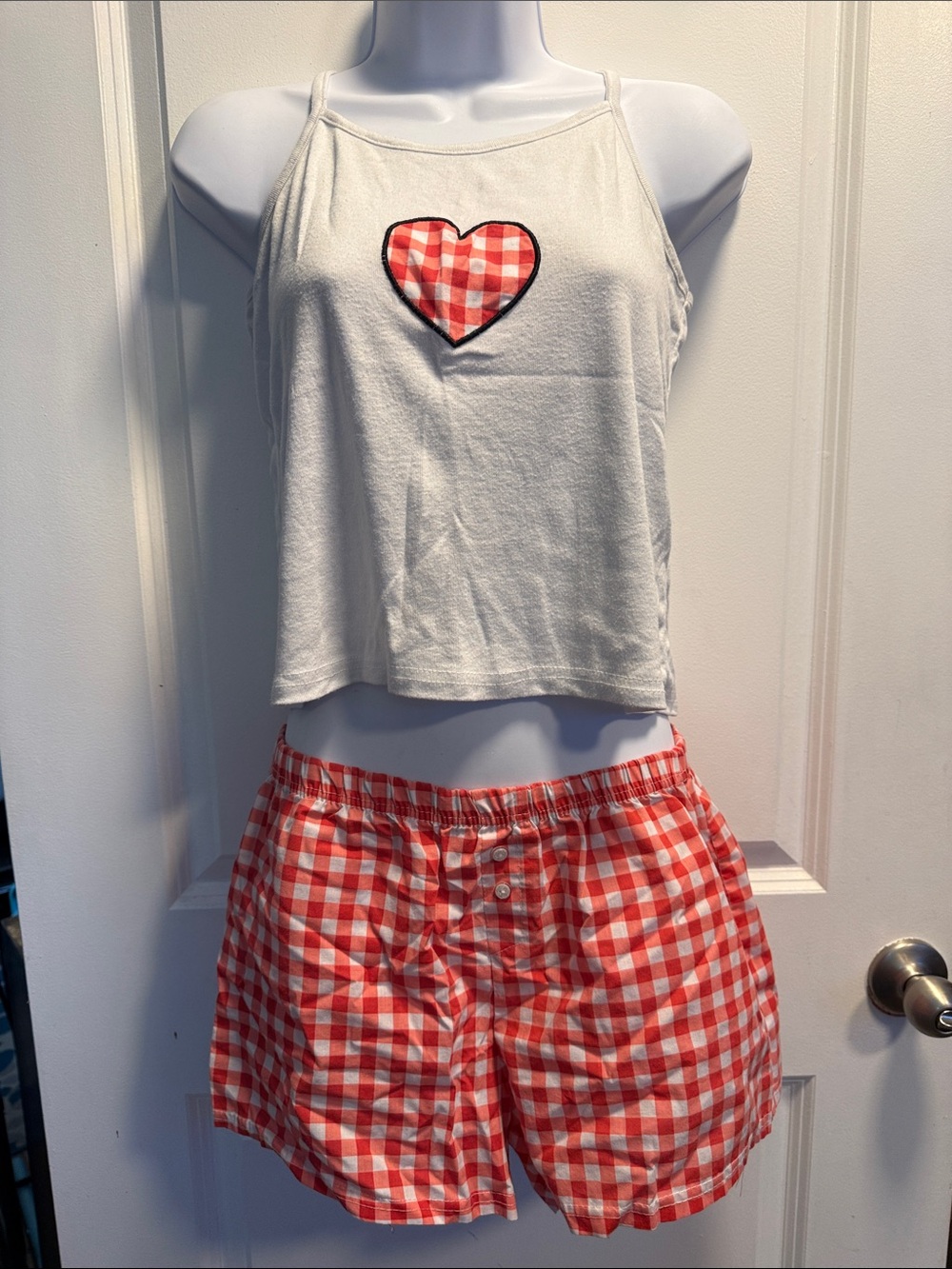 Cream Tank Top & Red Gingham Short Pajama Set